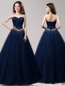 Gorgeous Floor Length Lace Up Mother Of The Bride Dress Navy Blue for Prom and Party with Beading