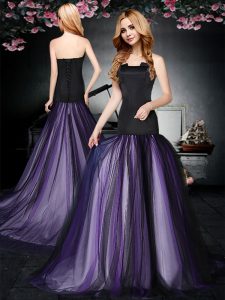 Fitting Black and Purple Lace Up Strapless Ruching Prom Dress Tulle Sleeveless Brush Train