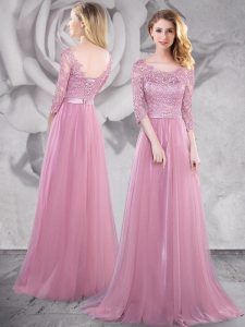 Comfortable Scoop Half Sleeves Brush Train Lace Up Prom Dresses Pink Tulle