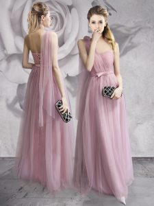 One Shoulder Sleeveless Lace Up Floor Length Ruching and Bowknot and Hand Made Flower Dress for Prom