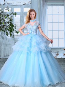 Exceptional SeeThrough Short Sleeves Appliques and Ruffled Layers Lace Up Quince Ball Gowns