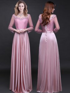 Inexpensive Pink Lace Up V-neck Appliques and Belt Runway Inspired Dress Elastic Woven Satin Long Sleeves