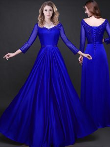 Royal Blue Elastic Woven Satin Lace Up V-neck Long Sleeves Floor Length Juniors Evening Dress Appliques and Belt