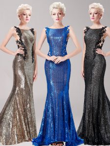 Charming Mermaid Square Clasp Handle Brown Sleeveless Brush Train Appliques and Sequins With Train Prom Evening Gown