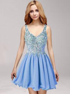 Custom Fit Blue Prom Dresses Prom and Party and For with Beading and Ruffles Straps Sleeveless Criss Cross