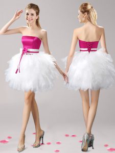 Low Price Pink And White Strapless Neckline Ruffles and Bowknot Going Out Dresses Sleeveless Lace Up