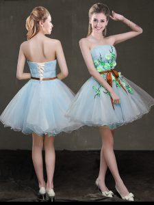 Beautiful Light Blue Sleeveless Mini Length Appliques and Belt Lace Up Cocktail Dresses