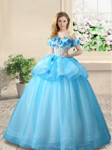 Flare Baby Blue A-line Organza Off The Shoulder Sleeveless Beading and Appliques Floor Length Lace Up 15th Birthday Dres