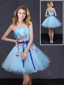 Chic Mini Length Lace Up Cocktail Dress Baby Blue for Prom and Party with Appliques and Belt