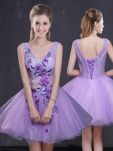 Lavender Lace Up Cocktail Dresses Lace and Appliques Sleeveless Mini Length