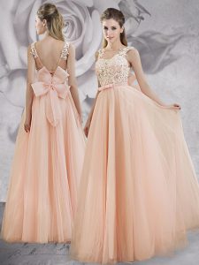 Eye-catching Floor Length Peach Evening Dress Straps Sleeveless Lace Up