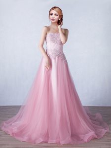 Fine Pink A-line Appliques Evening Dress Lace Up Tulle Sleeveless With Train