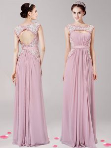 Shining Chiffon Scoop Sleeveless Zipper Appliques Prom Dresses in Pink