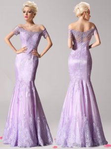 Stylish Mermaid Off the Shoulder Short Sleeves Zipper Floor Length Beading and Lace Prom Gown