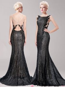 Mermaid Black Square Clasp Handle Appliques and Sequins Evening Dress Brush Train Sleeveless