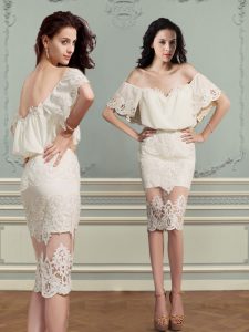 Off the Shoulder Champagne Chiffon and Lace Backless Runway Inspired Dress Short Sleeves Knee Length Lace
