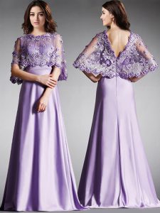 Lavender Zipper Scoop Lace Prom Dresses Satin Half Sleeves
