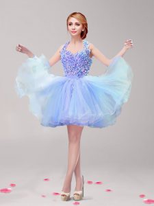 Blue A-line Halter Top Sleeveless Tulle Mini Length Backless Ruffles and Hand Made Flower Prom Evening Gown
