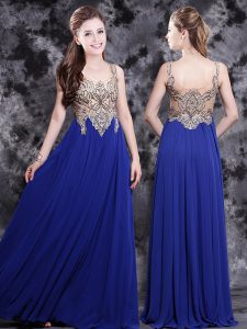 Scoop Royal Blue Sleeveless Floor Length Appliques Side Zipper Prom Evening Gown