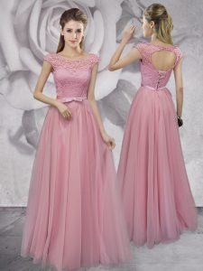 Scoop Pink Cap Sleeves Lace and Ruching and Bowknot Floor Length Homecoming Dress