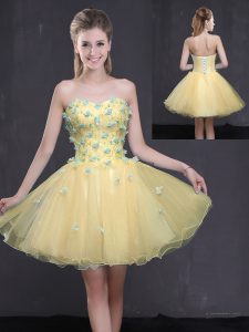 Custom Design Light Yellow Lace Up Prom Evening Gown Appliques Sleeveless Mini Length
