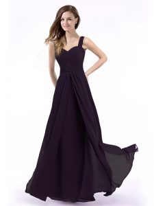 Best Straps Purple Chiffon Zipper Prom Dresses Sleeveless Floor Length Ruching