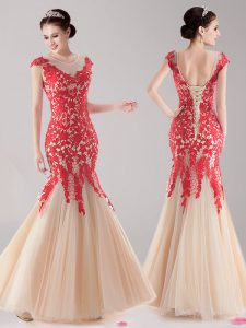 Ideal Red and Champagne Mermaid Tulle Scoop Cap Sleeves Lace Floor Length Lace Up Prom Dress