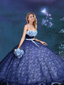 Modern Royal Blue Lace Lace Up Sweetheart Sleeveless Quinceanera Gowns Appliques and Bowknot