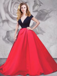 Spectacular Red And Black A-line Satin and Tulle V-neck Short Sleeves Ruching With Train Zipper Mother Of The Bride Dres