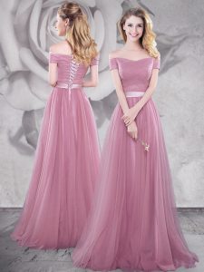 Fashionable Off the Shoulder Pink Tulle Lace Up Dress for Prom Short Sleeves With Brush Train Ruching and Belt