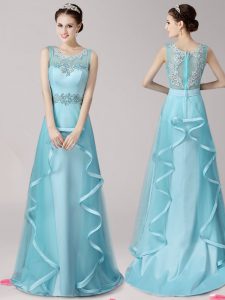 Vintage Scoop Sleeveless Satin and Tulle Prom Evening Gown Appliques and Ruffles Brush Train Zipper