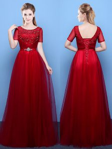 Fancy Scoop Short Sleeves Floor Length Beading Lace Up Prom Party Dress with Wine Red