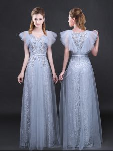 Floor Length Grey Prom Gown Tulle and Lace Short Sleeves Appliques and Belt
