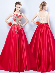 Charming Red Scoop Lace Up Appliques Evening Dress Sleeveless