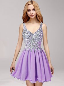 Straps Sleeveless Chiffon Mini Length Side Zipper Prom Party Dress in Lavender with Beading and Ruffles