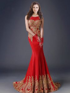 Latest Mermaid Red Side Zipper Scoop Appliques Prom Evening Gown Tulle Sleeveless Brush Train