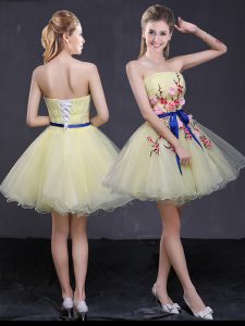 Stunning Light Yellow Lace Up Strapless Appliques and Belt Club Wear Organza Sleeveless