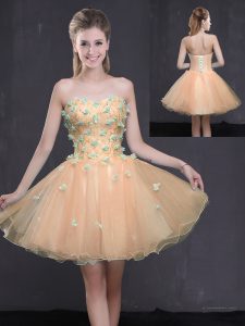 Enchanting Peach Sleeveless Mini Length Appliques Lace Up Cocktail Dresses