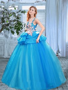 New Style Scoop Blue Organza Lace Up Sweet 16 Dress Sleeveless Floor Length Appliques and Hand Made Flower