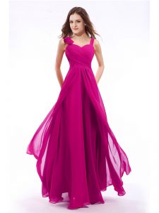Deluxe Straps Sleeveless Prom Gown Floor Length Hand Made Flower Fuchsia Chiffon