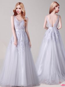Silver Backless V-neck Appliques and Belt Homecoming Dress Tulle Sleeveless