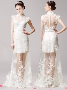 Clasp Handle With Train White Homecoming Dress Tulle Brush Train Cap Sleeves Lace and Appliques