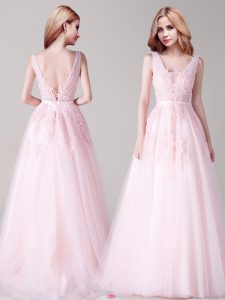 A-line Prom Gown Baby Pink V-neck Tulle Sleeveless Floor Length Backless