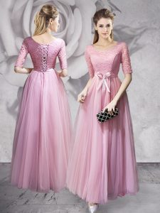 Pink Prom Evening Gown Prom and Party and For with Lace and Ruching and Bowknot Scoop Half Sleeves Lace Up