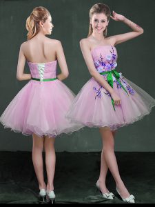 Strapless Sleeveless Club Wear Mini Length Appliques and Belt Lilac Organza
