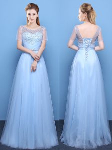Scoop Short Sleeves Lace Up Celeb Inspired Gowns Light Blue Tulle