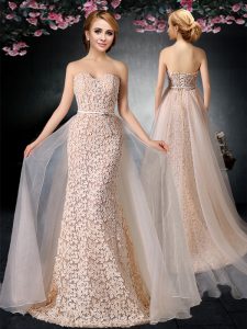 Brush Train Column/Sheath Prom Dress Peach Strapless Organza and Lace Sleeveless With Train Lace Up