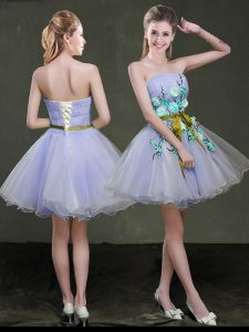 Lavender Lace Up Cocktail Dresses Appliques and Belt Sleeveless Mini Length