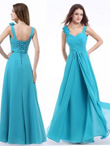 Enchanting Straps Sleeveless Chiffon Floor Length Lace Up Prom Dresses in Aqua Blue with Ruching
