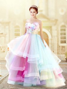 Edgy Multi-color Sleeveless Floor Length Ruffled Layers and Hand Made Flower Zipper Homecoming Dress